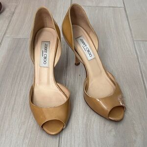 Jimmy Choo Women's Tan patent Peep-Toe Heels
